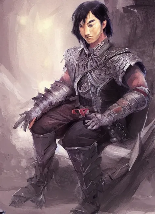 Image similar to asian with medium black hair man sitting at his desk look down at me, low angle, camera low, dndbeyond, bright, colourful, realistic, dnd character portrait, full body, pathfinder, pinterest, art by ralph horsley, dnd, rpg, lotr game design fanart by concept art, behance hd, artstation, deviantart, hdr render in unreal engine 5