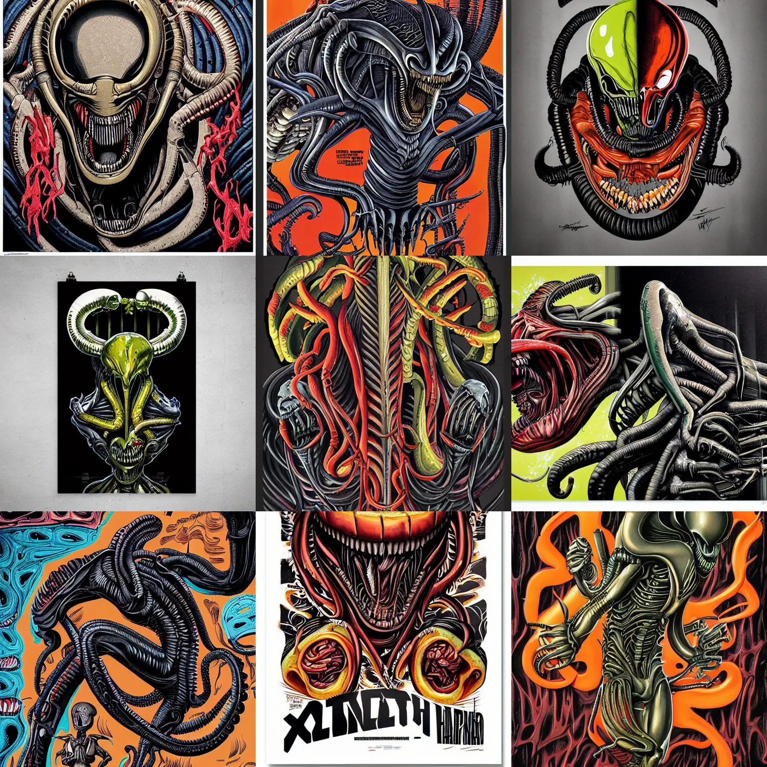 Prompt: xenomorph sliced in halves poster by nychos.