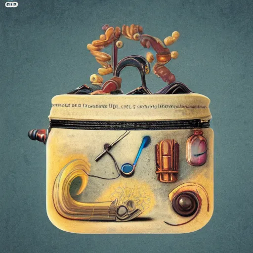 Image similar to An universe inside ampoules and alambics in a surreal ancient doctor's bag, trending on artstation