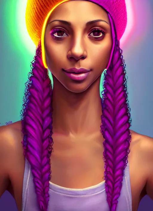 Image similar to portrait of teenage vanessa morgan with bright pink hair, vanessa morgan, curly pixie cut hair, wearing a purple breton cap, breton cap, subtle confident smile, hoop earrings, intricate, elegant, glowing lights, highly detailed, digital painting, artstation, concept art, smooth, sharp focus, illustration, art by wlop, mars ravelo and greg rutkowski