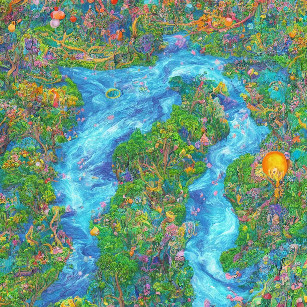 Image similar to surrealist painting with a river running through the middle going off into the infinite distance with a girl throwing rocks into the river with whimsical trees and flowers and scenery, 8 k, trending on artstation, illustration, mixed collage media, hyper detailed, simple lines, warm epic colors