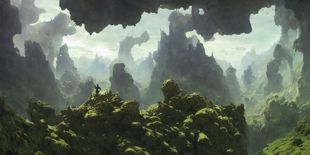 Image similar to huge cave ceiling clouds made of green earth towns, industry, steampunk villages castles, buildings inverted upsidedown mountain artstation illustration sharp focus sunlit vista painted by ruan jia raymond swanland lawrence alma tadema zdzislaw beksinski norman rockwell tom lovell alex malveda greg staples