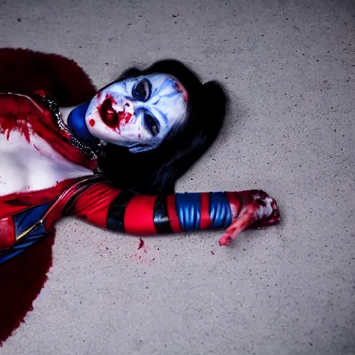 Prompt: a criminal photography taken of a dead harley quinn from suicide squad laying on the ground, blood is pooling under her, at night, super realistic.