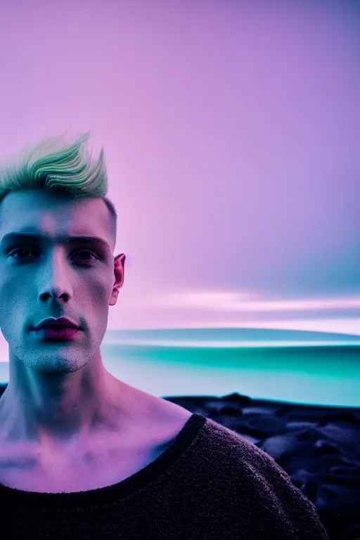 Image similar to high quality pastel coloured film wide angle selfie photograph of an male cyber model standing in an icelandic black rock environment. three point light. photographic. art directed. pastel colours. volumetric light. stark. waves glitch. 8 k. filmic.