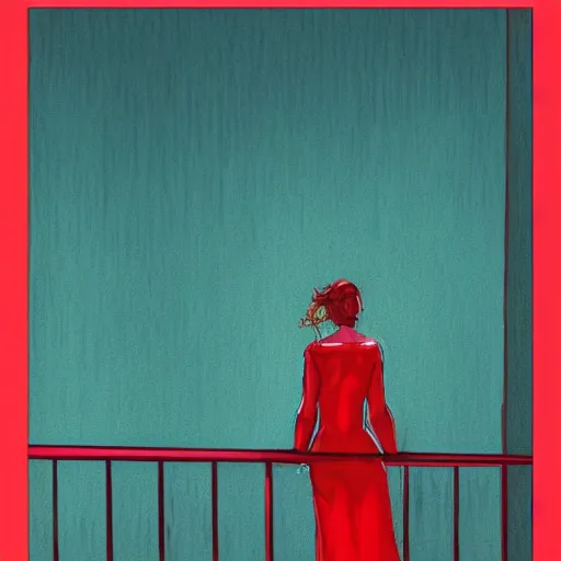 Prompt: a beautiful artwork of a woman in red dress sitting on the balcony of a hotel at night, top view, neon and rainy theme atmosphere by Jerome Opeña, featured on artstation