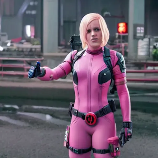 Image similar to A still of Gwenpool in Deadpool 3 (2023), no mask, blonde hair with pink highlights