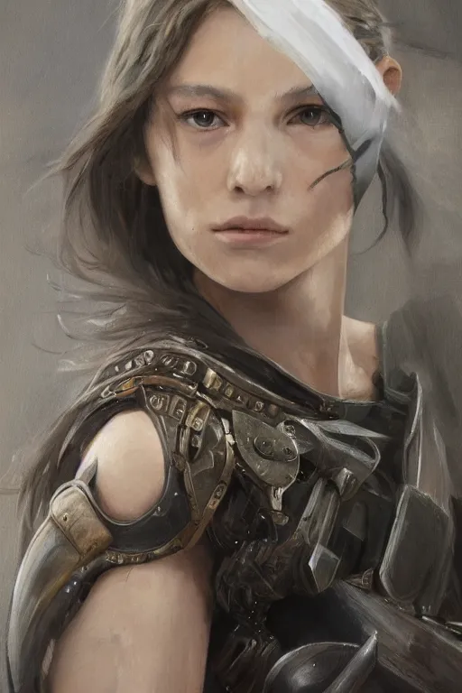 Image similar to a photorealistic painting of an attractive young girl, partially clothed in battle armor, olive skin, long dark hair, beautiful bone structure, symmetrical face, perfect eyes, intricate, elegant, digital painting, concept art, illustration, sharp focus, minimal artifacts, from Metal Gear, in the style of Ruan Jia and Mandy Jurgens, by Greg Rutkowski, trending on Artstation, award winning