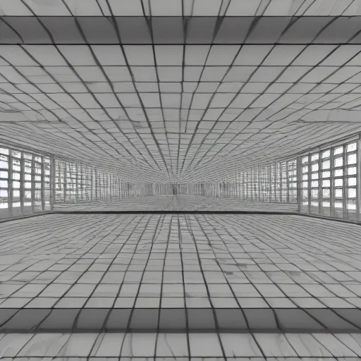 Image similar to symmetry, parallel perspective with center end point, parallax mapping of brutalist room, by maurits cornelis escher, octane render, high quality