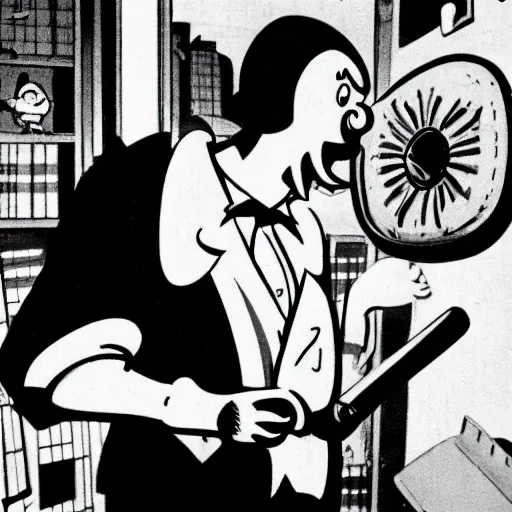 Prompt: a black and white photograph of a man destroying a computer with a baseball bat, by gary baseman, robert crumb, jim henson, photorealistic, surreal, high contrast, film photography