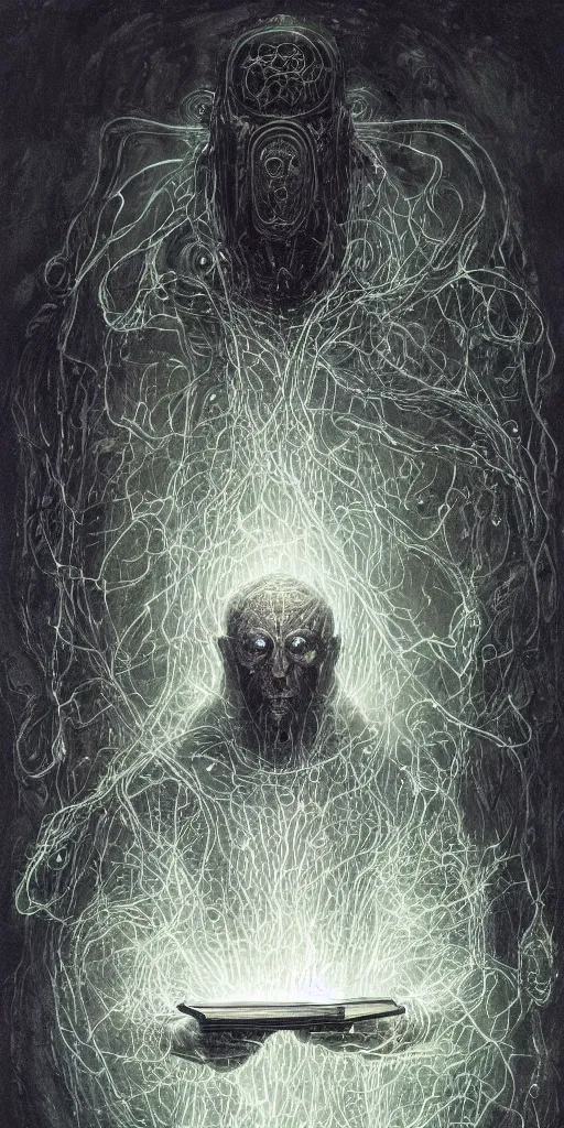 Image similar to painting of a cloaked tech priest holding a book, cybernetic enhancements attached to his body, covered in wiring, praise the omnissaiah, Zdzislaw Beksinski, Lewis Jones, mattias adolfsson, Warhammer 40K!!, cold hue's, cold tone gradient background, concept art, digital painting