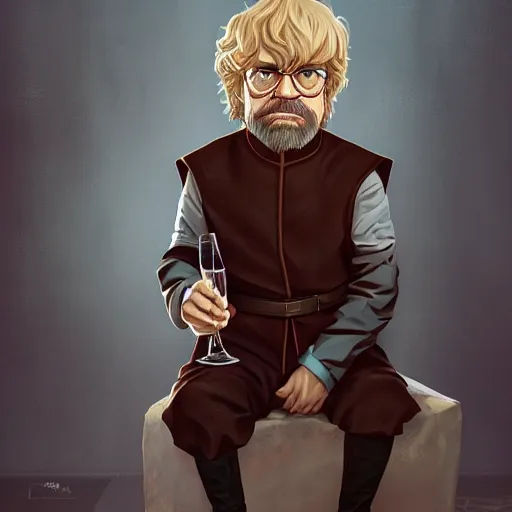 Prompt: George R.R. Martin as Tyrion Lannister wearing glasses with grey hair raising a glass of wine, fantasy leather clothing, ambient lighting, 4k, anime key visual, lois van baarle, ilya kuvshinov, rossdraws, artstation