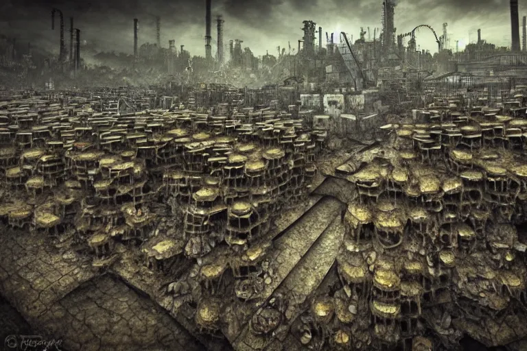 Image similar to gothic river favela honeybee hive, brutalist environment, industrial factory, apocalyptic, somber, award winning art, epic dreamlike fantasy landscape, ultra realistic,