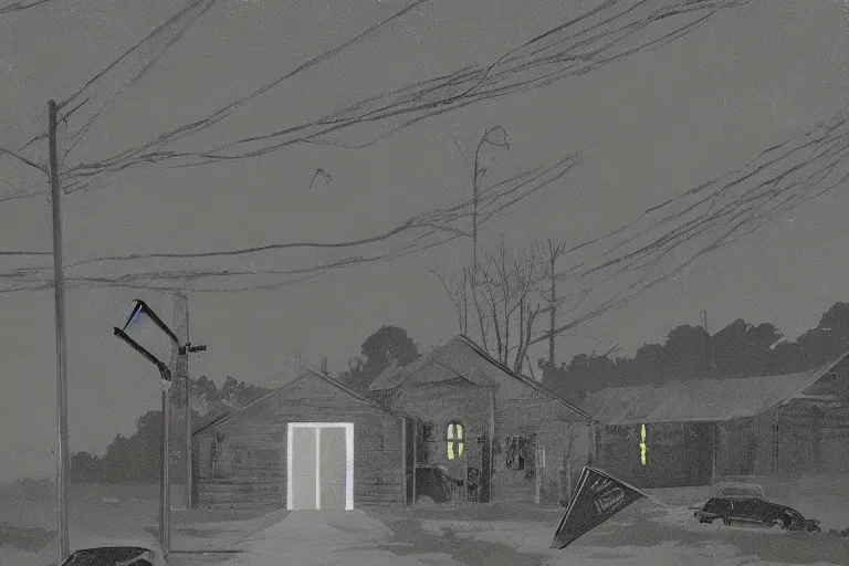 Image similar to scene from louisiana swamps, old protestant church with neon satanic pentagram, junkyard by the road, boy scout troop, voodoo artwork by tim eitel