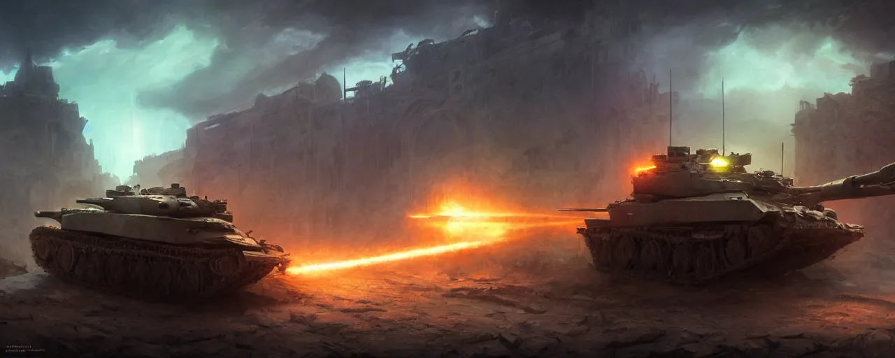 Image similar to tank at war, in the ancient abandoned city epic scene, volumetric lighting futuristic, intricate, highly detailed, digital painting, artstation, concept art, cinematic, smooth, sharp focus, illustration, aurora borealis, unreal engine 5, 8 k, art by artgerm and greg rutkowski and alphonse mucha