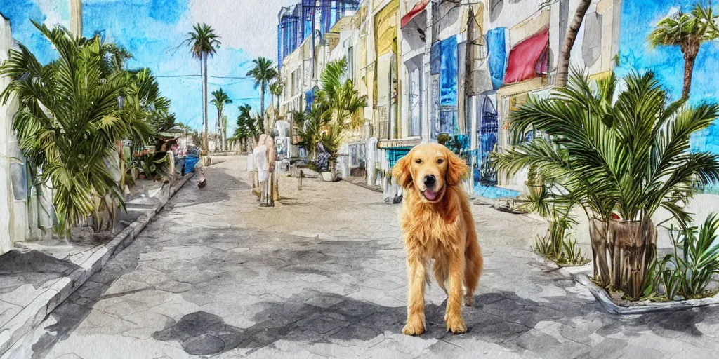 Image similar to photoreal golden retriever dog standing in tel aviv street looking at the camera. palm trees. optimistic. digital art. watercolor. highly detailed. drawing. art. colorful. fluffy