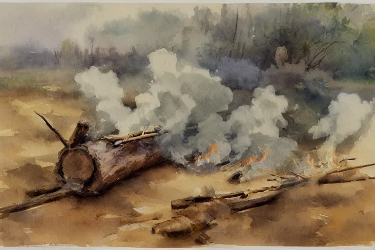 Prompt: small centered on watercolor paper, paint brush strokes, abstract watercolor painting of faraway campfire smoke, smoking bonfire, trunks and logs, sticks, cinematic light, american romanticism by hans dahl, by jesper ejsing, by anders zorn, by greg rutkowski, by greg manchess, by tyler edlin