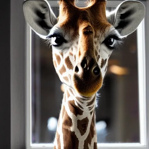 Image similar to foreground, giraffe girl. she has a very long neck and is fluffy. wool. beautiful attire. she looks in the windows. on the 3 rd floor. hyper - realistic photo. fantasy