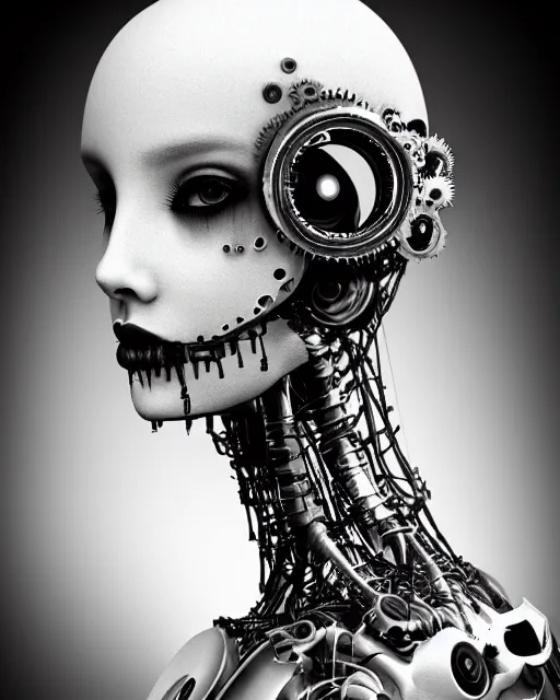 Image similar to black and white dreamy foggy smoky profile face portrait, one silver steampunk eye biomechanical beautiful young female cyclope - cyborg - robot bust, body ribs meshes,, volumetric light, hibiscus flowers, rim light, by hg giger and cecile beaton, big gothic fashion pearl embroidered collar, 8 k