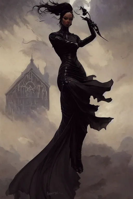 Prompt: gothic normani as aeon flux profile picture by greg rutkowski, dynamic pose, flowing black gown, intricate, futuristic, fantasy, elegant, by stanley artgerm lau, greg rutkowski, thomas kinkade, alphonse mucha, loish, norman rockwell,