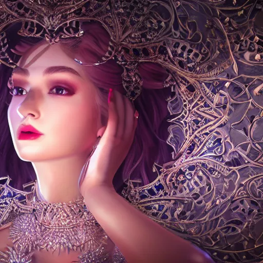 Image similar to portrait of wonderful princess of diamonds with fair skin, looking up, ornate 8 k gorgeous intricate detailed, white accent lighting, dramatic cinematic light, award winning photography, octane render