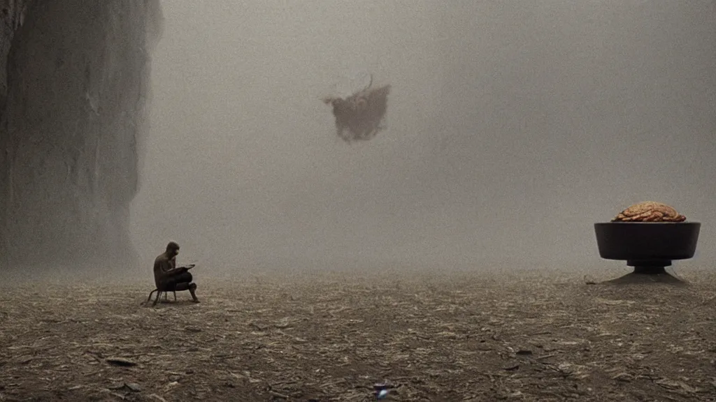 Image similar to the insect eats dinner with us, film still from the movie directed by Denis Villeneuve with art direction by Zdzisław Beksiński, wide lens