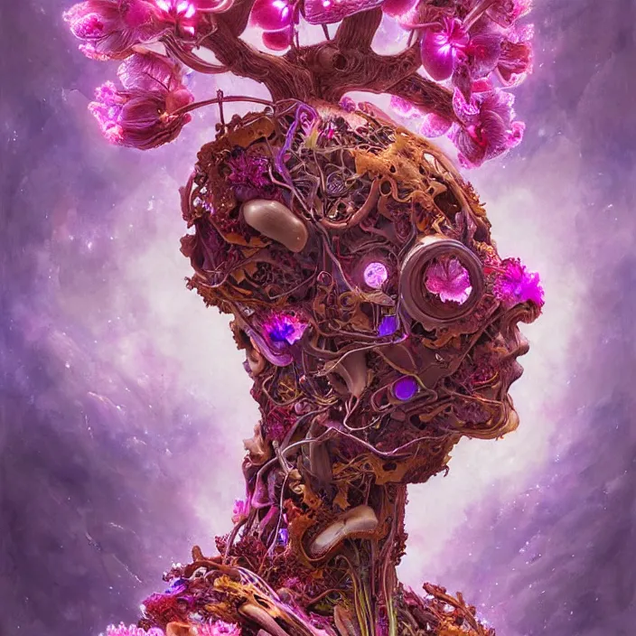 Image similar to extremely psychedelic organic cyborg made of orchid and cherry blossom tree and mushroom, LSD elk, diffuse lighting, fantasy, intricate, elegant, highly detailed, lifelike, photorealistic, digital painting, artstation, illustration, concept art, smooth, sharp focus, art by John Collier and Albert Aublet and Krenz Cushart and Artem Demura and Alphonse Mucha