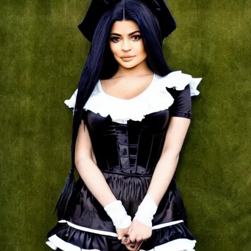 Image similar to kylie jenner in 2 b cosplaying victorian maid outfit light cinematography photoshoot