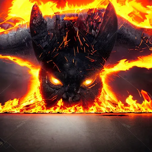 Image similar to Dark powerful creature all on fire with only one eye, destroying city, realistic photo, high detailed