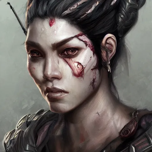 Prompt: beautiful, very strong, mixed race, female, middle aged, face, no makeup, scarred, warrior, head shot, fantasy, highly detailed, digital painting, artstation, concept art, smooth, sharp focus, illustration, art by jodie muir and brom