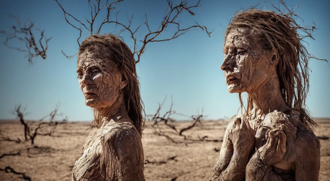 Prompt: close-up of a crying ancient dried up goddess, peaceful, facing the camera and standing in front of a dried up river in a desolate land, dead trees, blue sky, hot and sunny, highly-detailed, elegant, dramatic lighting, artstation, 4k, cinematic landscape, photograph by Elisabeth Gadd