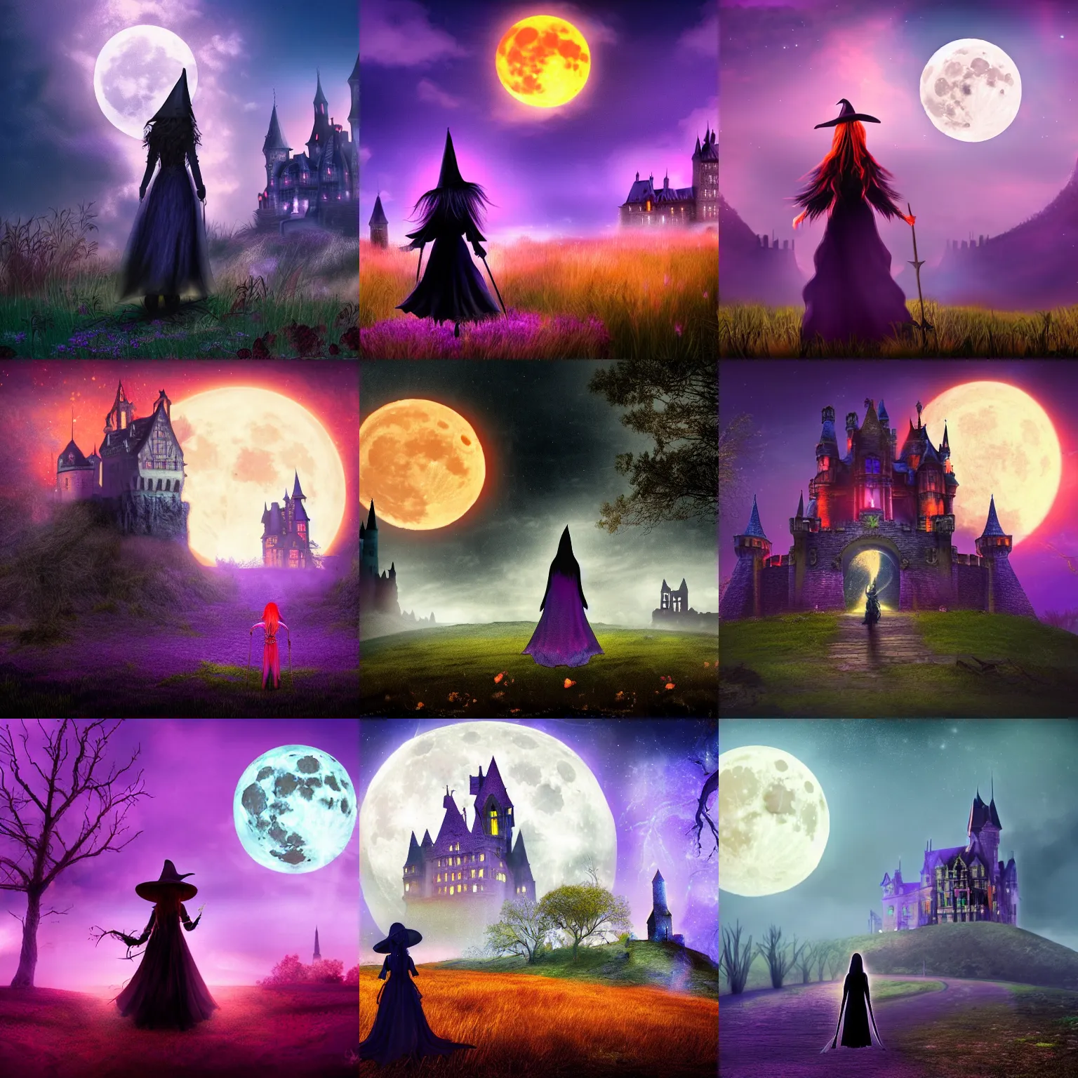 Prompt: a witch is standing on the foreground, in the background is a castle in front of the full big moon, fantasy digital wallpaper, fantasy digital art, purple, orange, blue colors, cinematic lighting