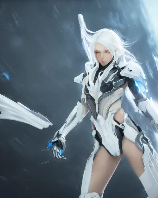 Image similar to perfect white haired girl, warframe armor, beautiful, dreamy, half asian, pretty face, blue eyes, detailed, windy weather, scifi platform, laboratory, experiment, 4 k, ultra realistic, epic lighting, cinematic, high detail, masterpiece, art by akihito tsukushi, akasuki voidstar