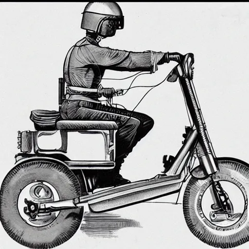 Image similar to military diagram of a mobility scooter with a mounted machine gun