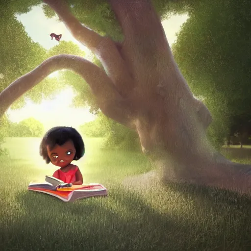 Image similar to stunning, coherent, impressive, detailed still of black little girl, reading a book, underneath a tree, follow shot, 3d, in the style of pixar, comic book style, 3d, highly detailed, sharp focus, bokeh, depth of field, 16k resolution, Unreal Engine 5, coherent, cinematic lighting, photorealistic, by Zhang Jingna