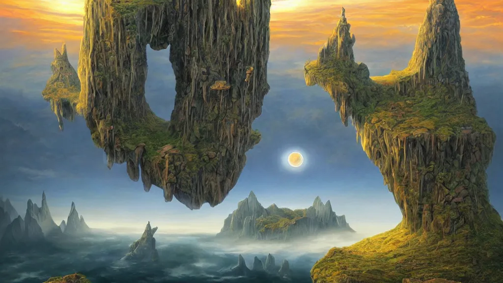 Prompt: fantasy landscape with anthropomorphic terrain in the styles of igor morski, jim warren, and rob gonsalves, intricate, hyperrealistic, volumetric lighting, distinct horizon