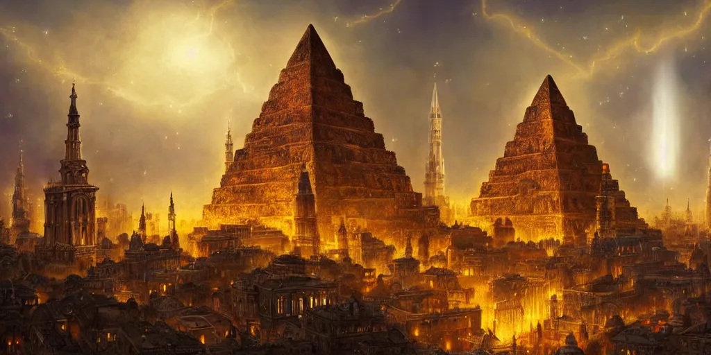 Prompt: magical city of the Great Tartarian Empire adorned with amazing lost technology, lighting resembling fireflies, spires from rooftops collecting and distributing etheric energy, the centerpiece of the city is a colossal ancient pyramid made of metal, cityscape, combining intense detail & utmost quality, Christian Hecker, Artstation, - H 832