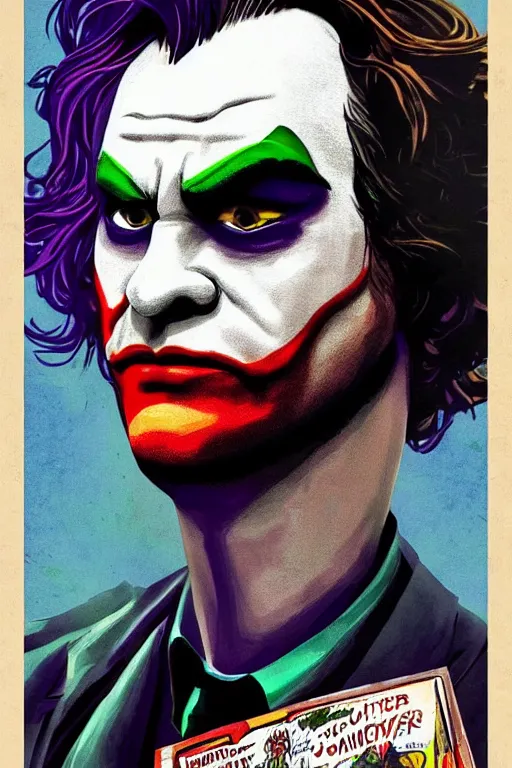 Image similar to joaquin phoenix joker comic book cover issues 2 0, delete duplicated object content!!!!, violet polsangi pop art, gta chinatown wars art style, bioshock infinite art style, incrinate, realistic anatomy, hyperrealistic, 2 color, white frame, content balance proportion