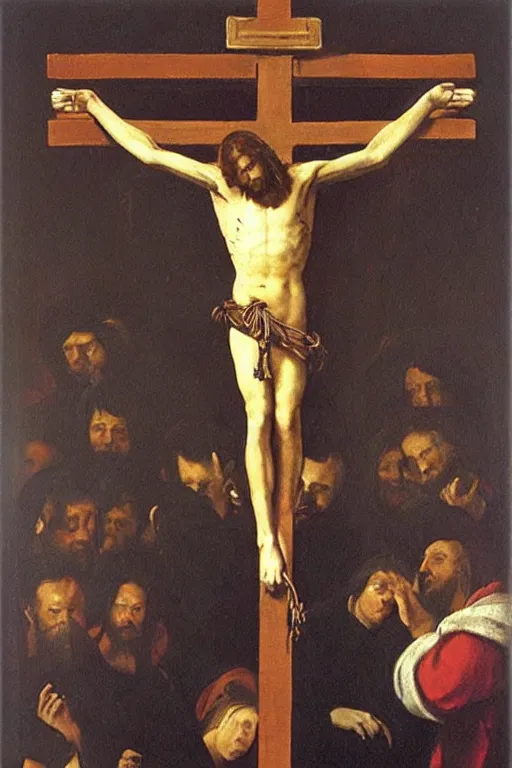 Image similar to “ garfield the cat on the cross in the painting ‘ christ crucified ’ by diego velazquez ”