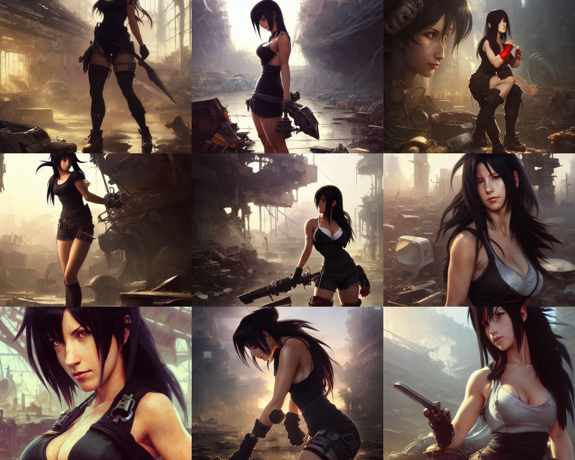 Prompt: tifa lockhart scavenging in a scrapyard, deep focus, intricate, elegant, highly detailed, digital painting, artstation, concept art, matte, sharp focus, illustration, art by artgerm and greg rutkowski and alphonse mucha