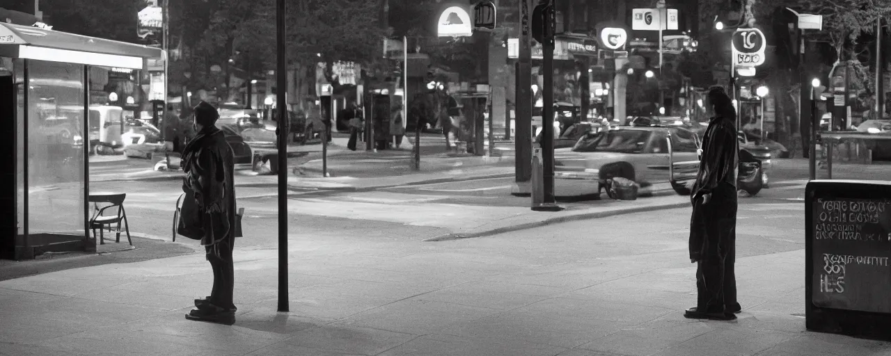 Image similar to a sentient slice of pizza waiting at a bus stop, canon 5 0 mm, cinematic lighting, photography, retro, film, kodachrome