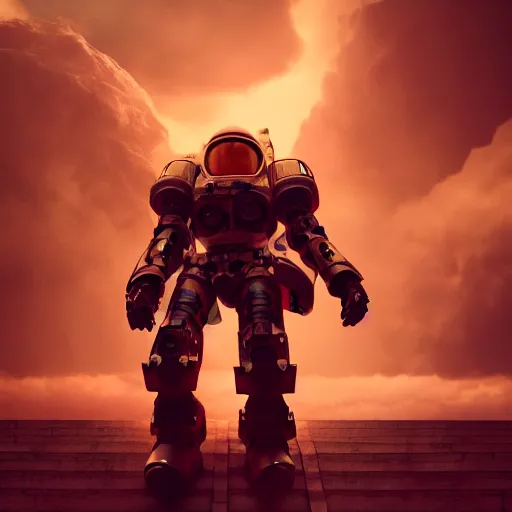 Prompt: cinematic epic portrait of a mecha astronaut walking up the stairs of heaven in clouds alone, octane render, trending on artstation, hyperrealistic, character photography