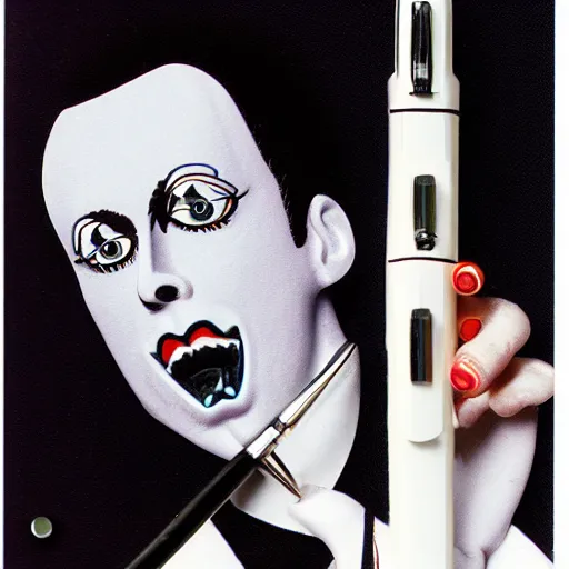 Prompt: a high quality product photo ad of klaus nomi with a technical reed rollerball pen exacto knife by junji ito and joseph cornell, ethereal eel made in switzerland