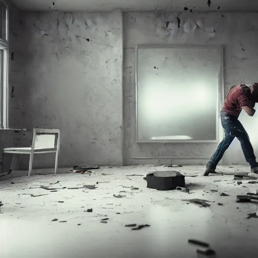 Image similar to incredible cinematic image of young angry man fighting to himself while breaking a large mirror, debris everywhere, studio shot, dynamic lighting, high definition, highly detailed, photo-realistic, unreal engine render, 16k