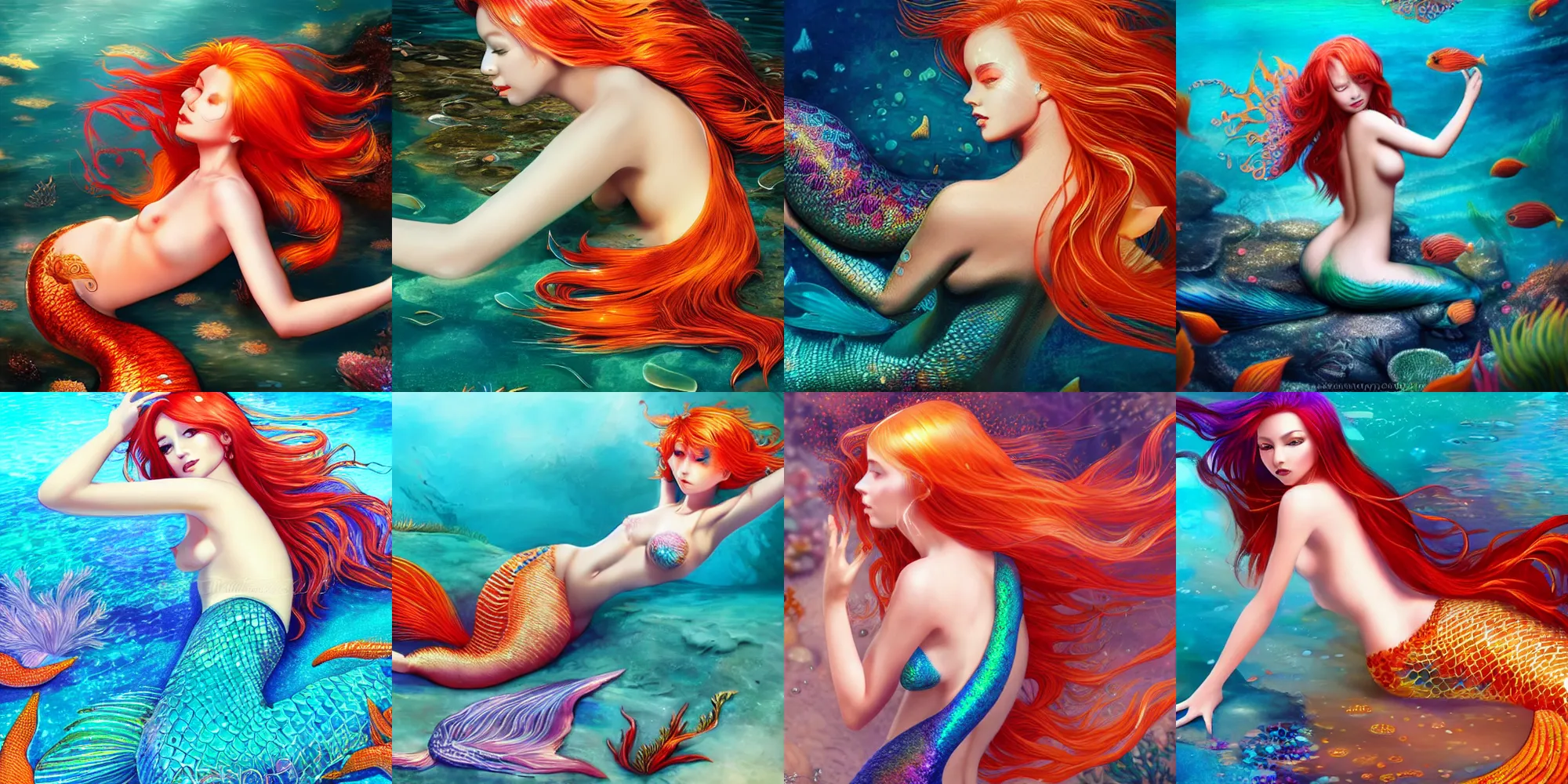 Prompt: beautiful mermaid with intricate detailed iridescent scales for her tail, vibrant red orange hair, patches of scales on body, fair skin, laying down in shallow clear water, vibrant colours, detailed illustration, smooth sharp focus, wlop, guweiz, tian zi, fantasy, intricate, misty, particles, artstation