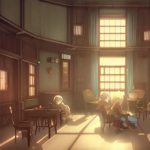 Image similar to interior of the melancholic nursing home, anime fantasy illustration by tomoyuki yamasaki, kyoto studio, madhouse, ufotable, square enix, cinematic lighting, trending on artstation