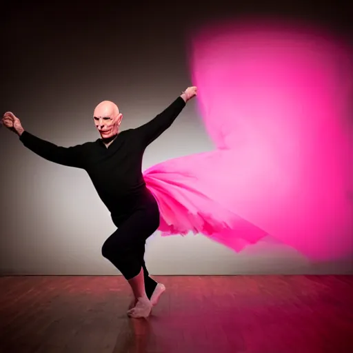 Prompt: captain picard wearing a pink tutu and dancing in a studio with volumetric lighting from the side, photo by omar z robles