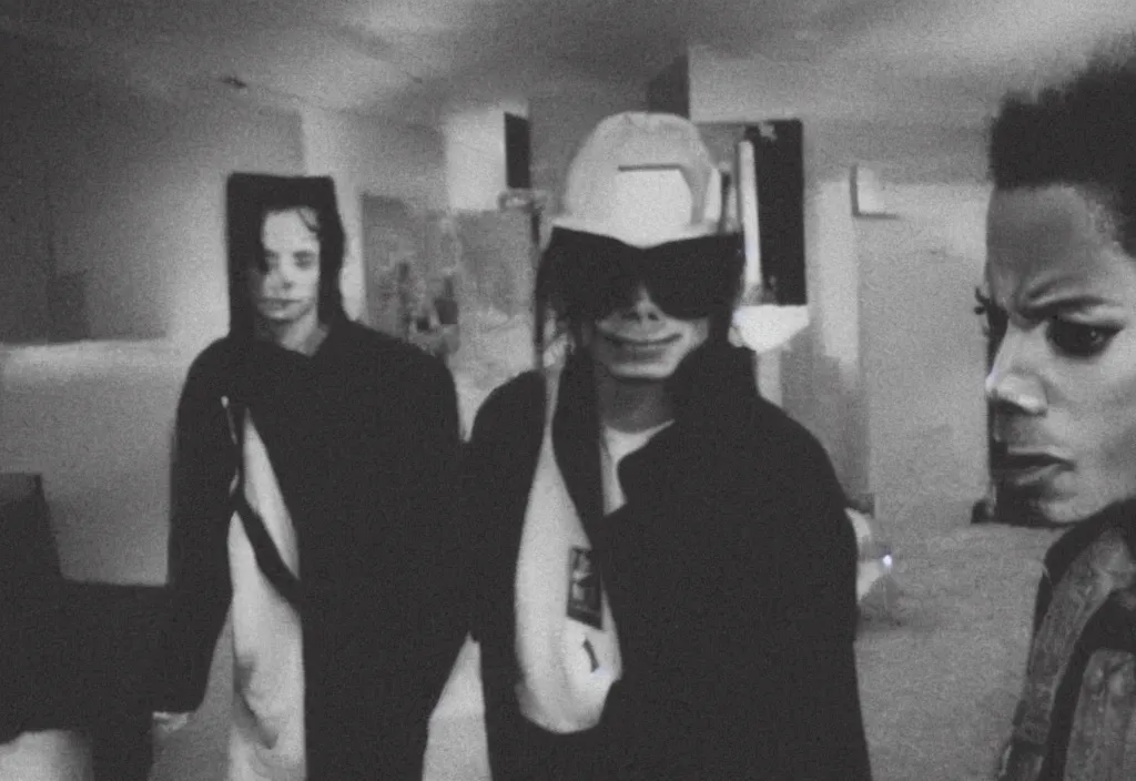 Prompt: security camera footage of demonic michael jackson