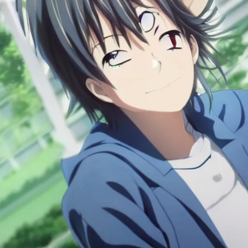 Image similar to photorealistic, a smiling anime boy with green long straight hair is in the hospital, anime key visual, digital art, anime screenshot, kyoto animation, makoto shinkai, trending on pixiv