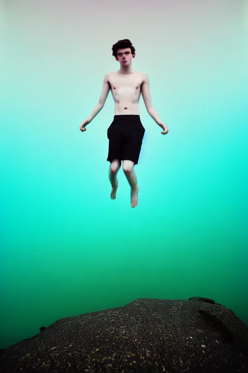 Image similar to high quality pastel coloured film mid angle docu photograph of a beautiful young 2 0 year old male, soft features, short black hair, falling, jumping in an icelandic black rock pool environment. atmospheric. three point light. photographic. art directed. ( pastel colours ). volumetric light. clearcoat. waves glitch. 8 k. filmic.