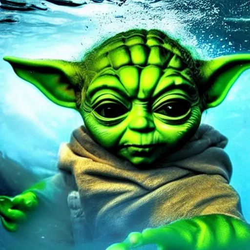 Prompt: stunning awe inspiring yoda swimming under water, 8 k hdr under water photo, amazing lighting